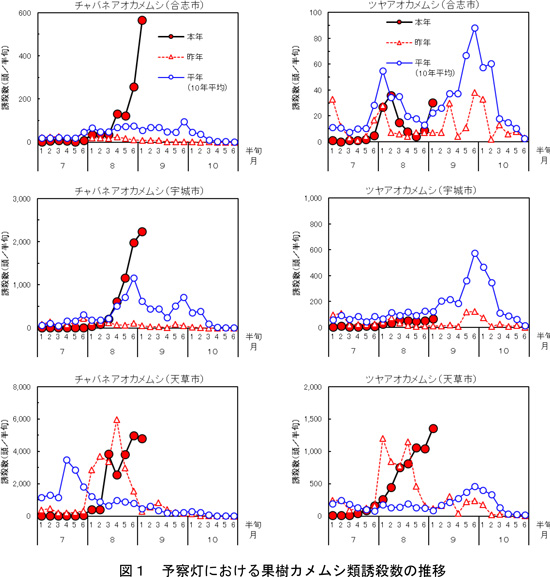 図：予察灯における果樹カメムシ類誘殺数の推移