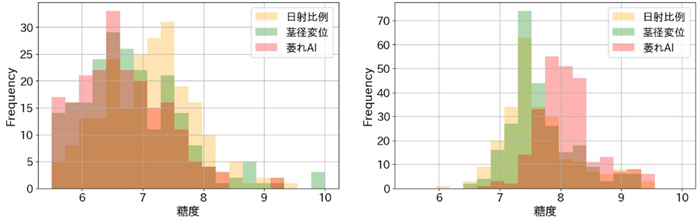 左から、図3（a）収穫初期トマトの糖度分布、（b）収穫終盤トマトの糖度分布