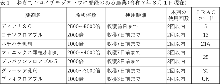 表１：ねぎでシロイチモジヨトウに登録のある農薬（８月１日現在）