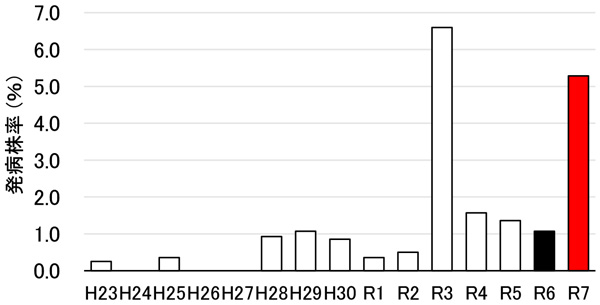 図2：過去15年の12月の巡回調査における黄化葉巻病の発病株率※各年7～8ほ場の平均。抵抗性品種と感受性品種の比は年により異なる。