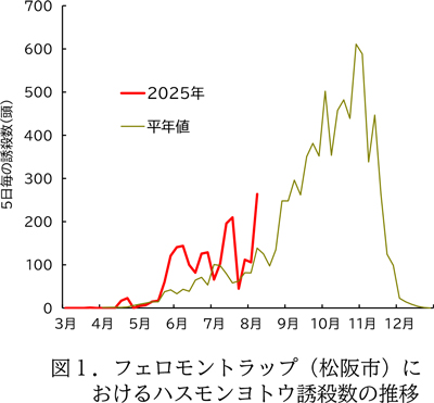 図1：フェロモントラップ（松阪市）におけるハスモンヨトウ誘殺数の推移