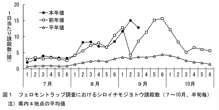 図1：フェロモントラップ調査におけるシロイチモジヨトウ誘殺数（7～10月、半旬毎）　注）県内4地点の平均値