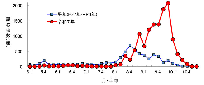 図1：予察灯での果樹カメムシ類の誘殺虫数の推移