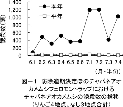 図1：防除適期決定ほのチャバネアオカメムシフェロモントラップにおけるチャバネアオカメムシの誘殺数の推移（りんご4地点、なし3地点合計）