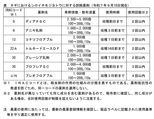 表：ネギにおけるシロイチモジヨトウに対する防除薬剤（令和7年9月18日現在）