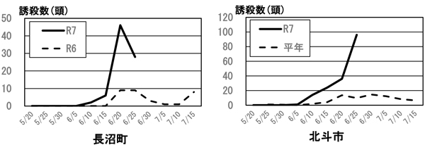図1：農業試験場内の定点ほ場（無防除）に設置したアワノメイガフェロモントラップへの誘殺数