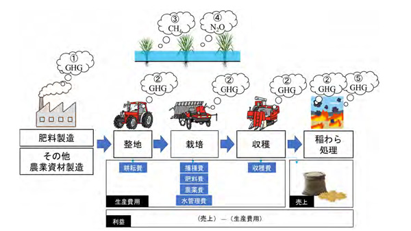 図2：農家データを用いた農家の利益とライフサイクル温室効果ガスの計算