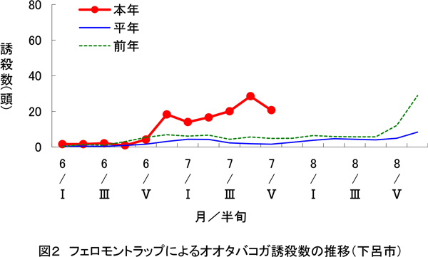 図2：フェロモントラップによるオオタバコガ誘殺数の推移（下呂市）
