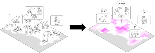 GBIFのデータから7143種の生物種のデータをもとに、 「保全優先度」（CP、0～1）を0.5°グリッド（約60km四方）ごとに計算。 濃いピンクほどその場所の生物種が失われることによる生物多様性の損失が大きい