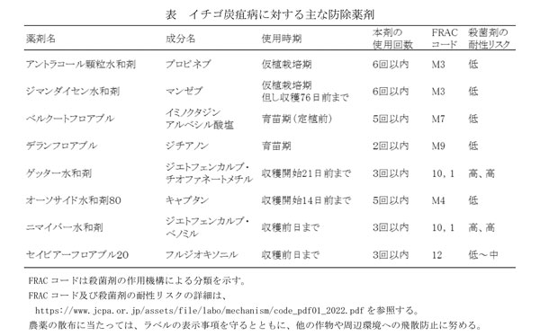 イチゴ炭疽病に対する主な防除薬剤