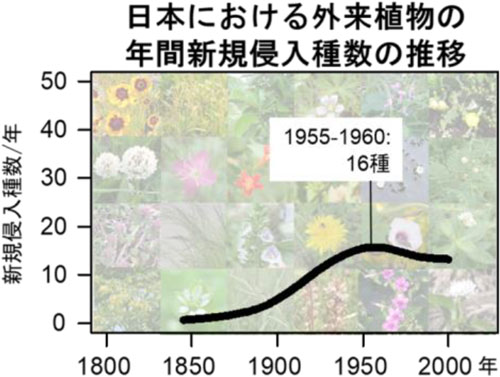 日本における外来植物の年間新規侵入種数の推移