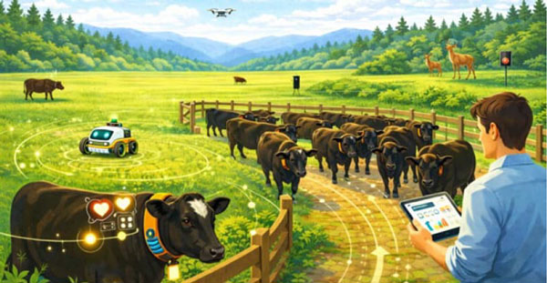 家畜の健康管理、集畜（牛追い）を効率化するイメージ。AIスパコンによる解析で、広大な放牧地での管理作業を最適化する。（農研機構・東京工科大学「連携課題の概要」）
