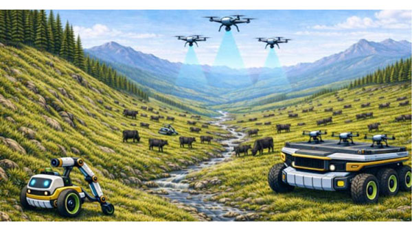 急傾斜放牧地での放牧管理システムのイメージ。ヘビ型ロボットやドローンがインフラの整わない環境でも稼働する（農研機構・東京工科大学「連携課題の概要」）