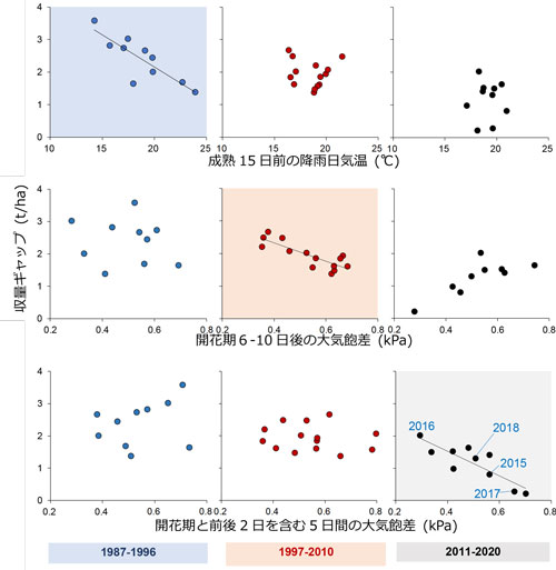 各年の収量ギャップと相関の高い特定の生育時期の気象要因