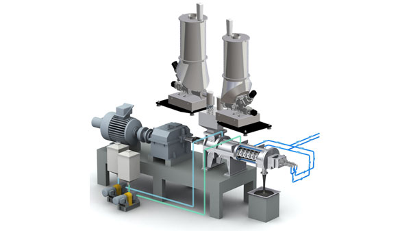 フィーダと混練機を組み合わせた二次電池の電極スラリー向け連続式生産システムイメージ図