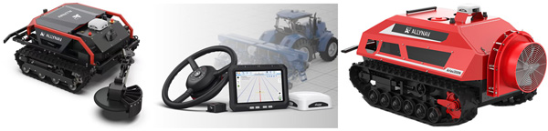 左から、Taurus80E 自動草刈り機、AF305 自動操舵システム、Aries300N 自走式スプレーロボット