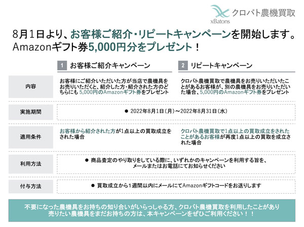 農機具買取サービス「クロバト農機買取」紹介・リピートでプレゼントキャンペーン実施中