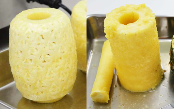 アストラの皮むき機を使用（左）と一般的な筒状カッター使用（右）