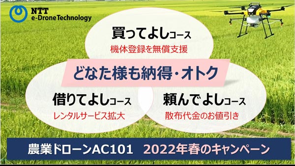 農業ドローン「AC101」2022年春のキャンペーン実施　NTT e-Drone Technology