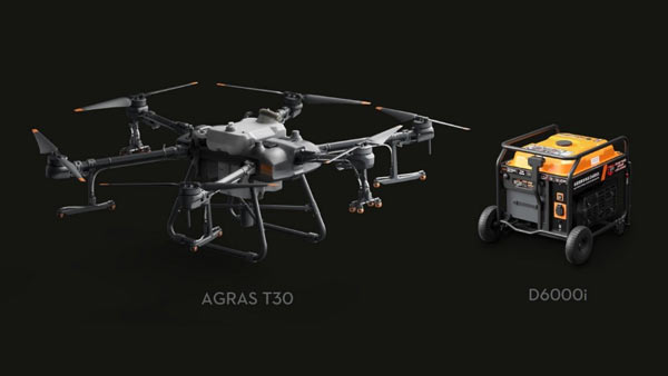 DJI製ドローン「アグラスT30」（左）と「T30専用発電機 D6000i」