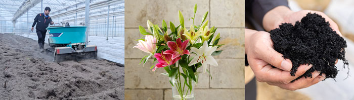 左から、宙炭散布の様子（2025年10月）、宙炭で育てたユリ、高機能バイオ炭「宙炭」