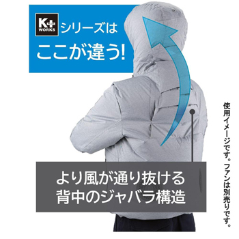 空気の流れをスムーズにする背面のジャバラ構造。腰のファンからの風が背中から首元まで通りやすい