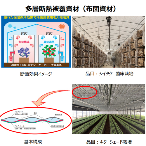 断熱効果のイメージとシイタケ、キクでの導入例