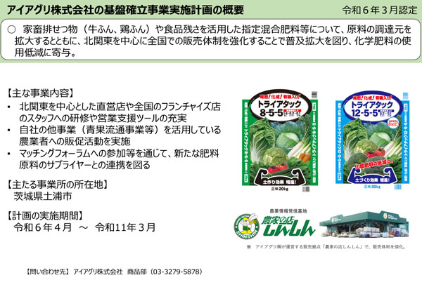 「みどりの食料システム法に基づく基盤確立事業」実施計画認定を取得　アイアグリ