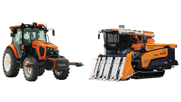 左から、クボタのアグリロボトラクタ　「MR1000AH」（無人仕様）、井関農機のコンバイン　「JAPAN HJ7130」