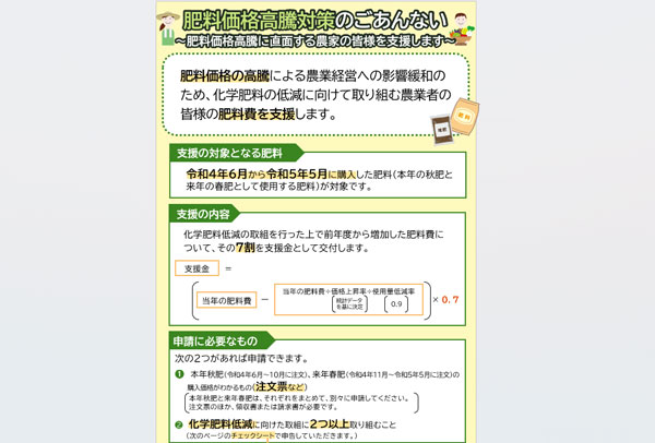 肥料価格高騰対策の農家向けパンフレットを作成　農水省のHPで掲載