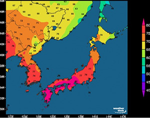 WeaterDesk内アプリのGlobal Weather Interactiveから抽出した平均気温データ（期間：6月1日～8月31日）