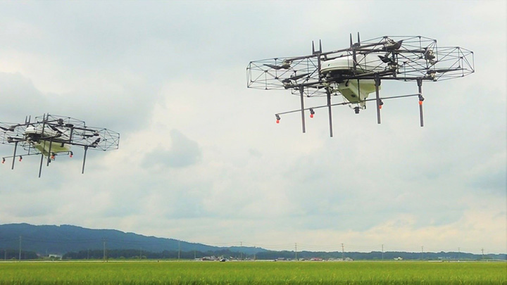 ナイルワークスによる、ドローンでの一斉防除時の風景（宮城県登米市で）