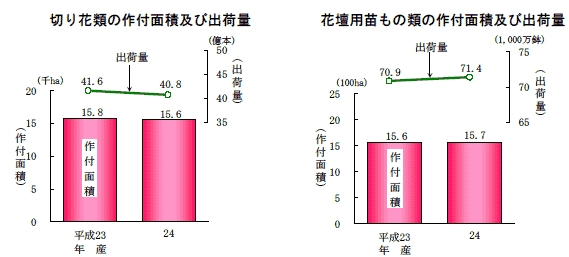 左：「切り花類の作付面積及び出荷量」、右：「花壇用苗もの類の作付面積及び出荷量」