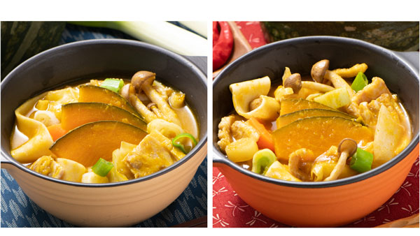 新発売の「一口食べてニッコリ えびす南瓜の激うまほうとう」・「一口食べてニッコリ えびす南瓜のピリ辛ほうとう」