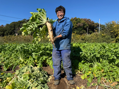 三浦大根を手にする三浦市農協の室田さん