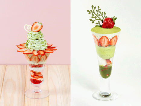 「福島県産ゆうやけベリーの抹茶モンブランパフェ」（左）と「あまおういちごの抹茶ティラミスパフェ」