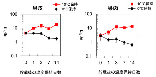 4週間0℃貯蔵後に0℃または10℃で保持した果実中のリナロール含量の推移