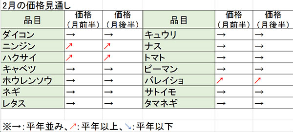 ニンジン、ハクサイ、バレイショ高値か 2月野菜価格見通し