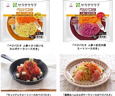 ベジパスタ商品パッケージ、ホームページで紹介しているアレンジメニューはまるでパスタそのもの